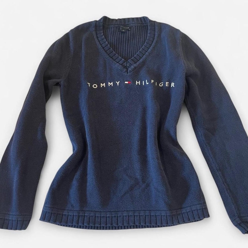 Tommy Hilfiger V-Neck Ribbed Long Sleeve Tight Fitted Sweater Top Y2K